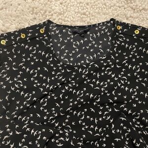 Sweet Wanderer Black Blouse with White Bird Print and Gold Buttons